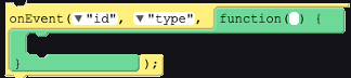 The onEvent block in App Lab, reading onEvent("id", "type", function() { }) with an empty body for the code that runs